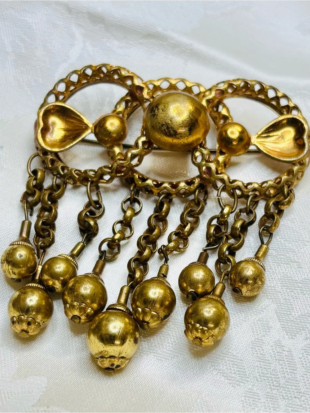 Antique Victorian-Revival 30’s Ornate C-clasp Brass Floral Filigree Brooch